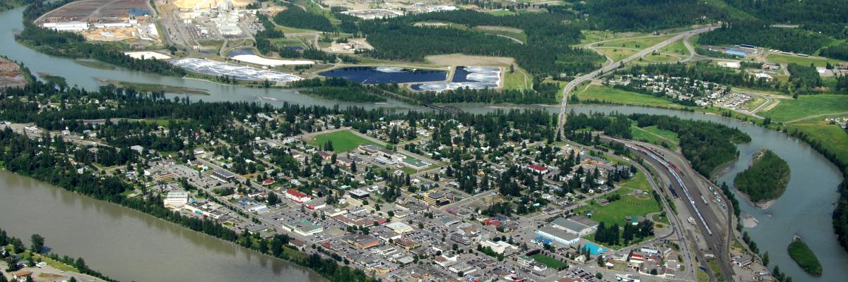 Aerial view of downtown Quesnel, Quesnel River, and Quesnel River Bridge