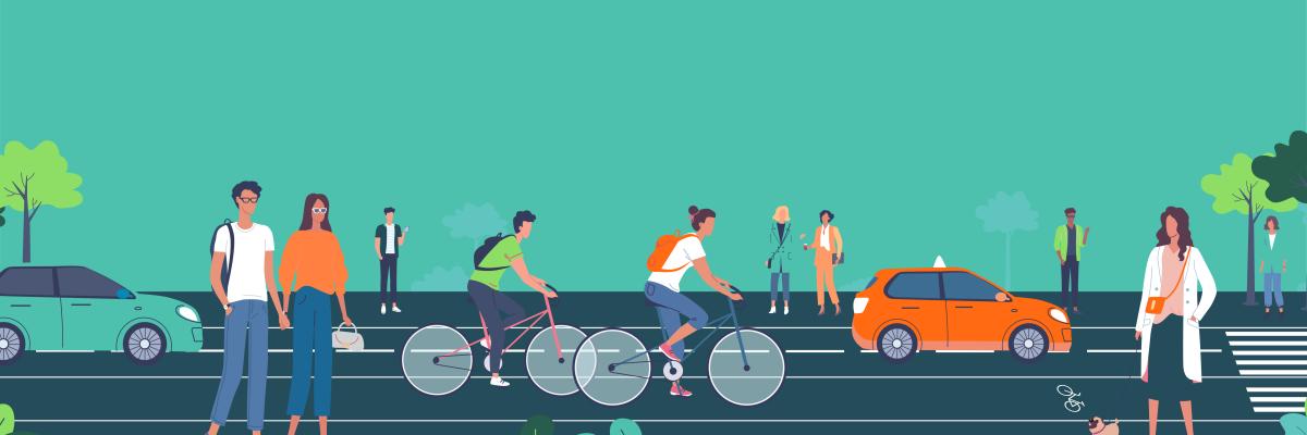 Colourful graphic of people walking, riding bikes, and driving