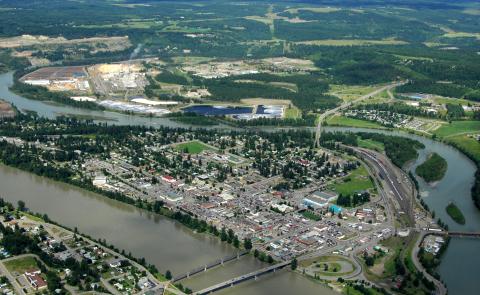 Aerial view of downtown Quesnel, Quesnel River, and Quesnel River Bridge