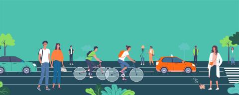 Colourful graphic of people walking, riding bikes, and driving